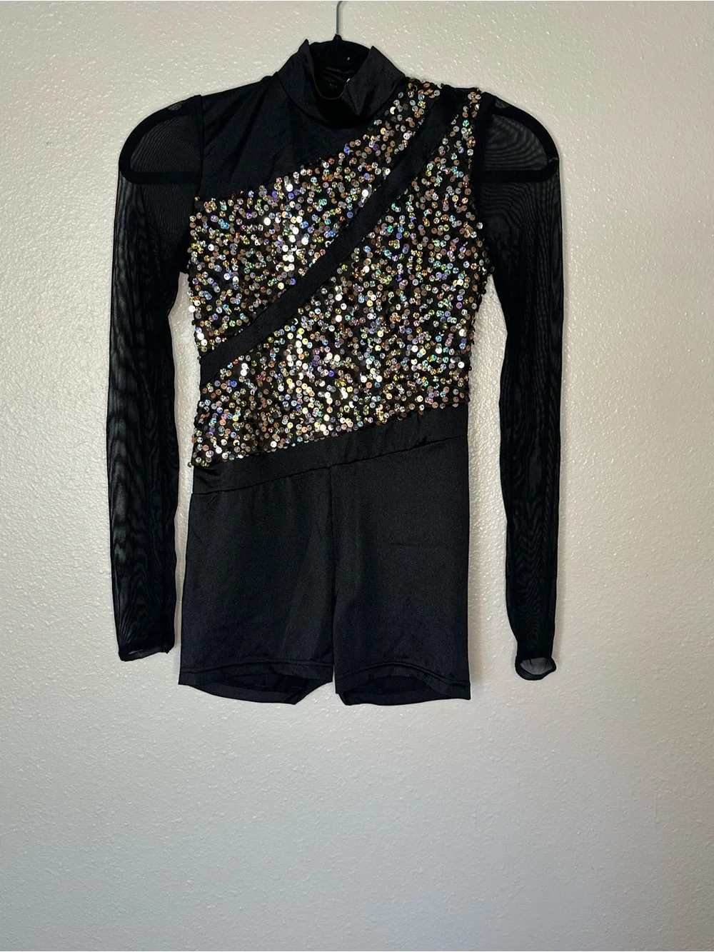 Women’s Black Sequin Long-Sleeve One-Piece Dance Costume